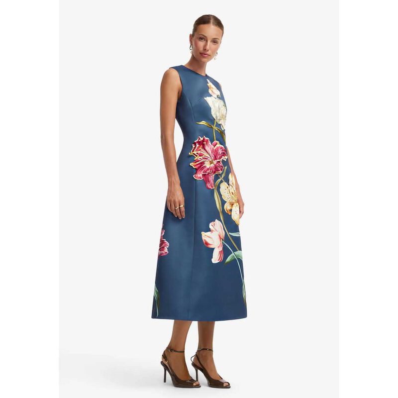 LEO LIN Cleo Embroidered Sleeveless Midi Dress - Lily Print In Indigo image number 3